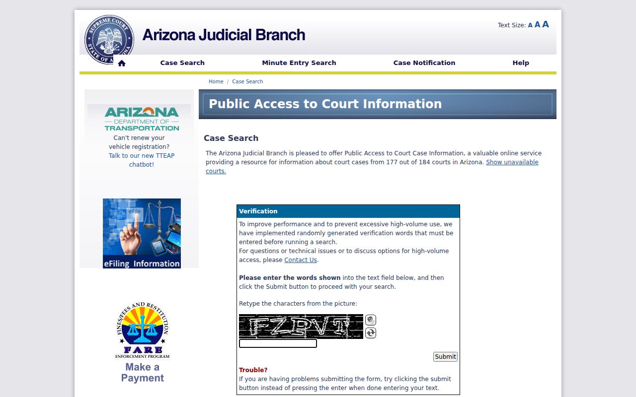 Arizona criminal court case Public Access search screen