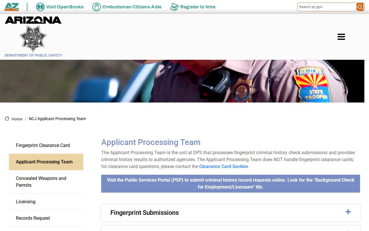 Arizona DPS criminal history fingerprint processing fees