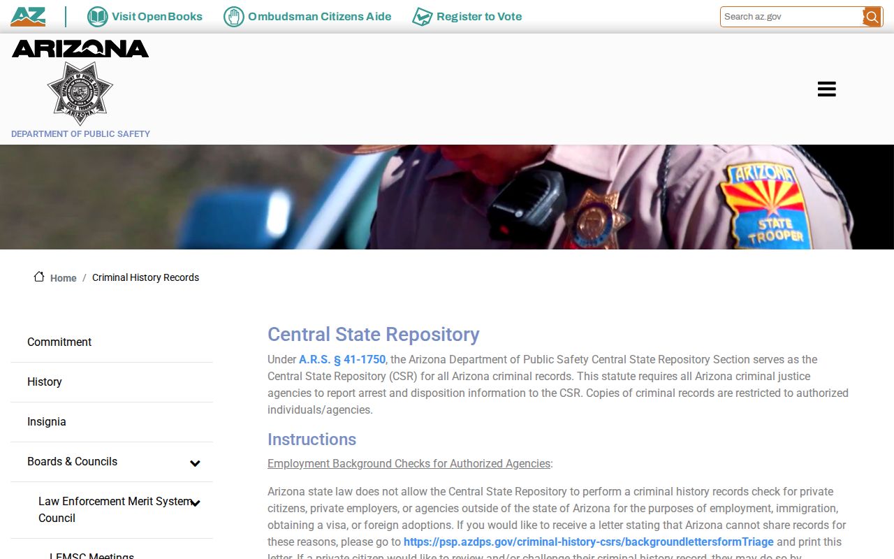 Arizona criminal history record review page from Arizona DPS