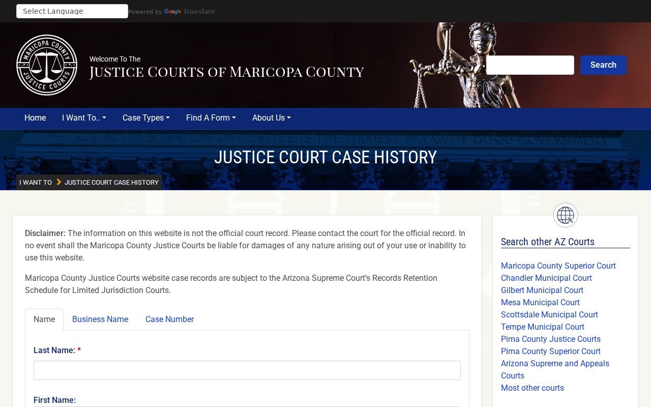 Arizona criminal court case county Justice Court search form